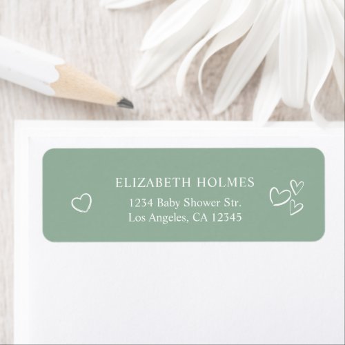 Handdrawn Hearts Sage Green Baby Shower Address Label