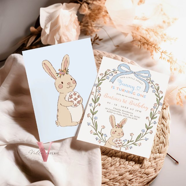 Handdrawn Pastel Colorful 1st Sweet Bunny Birthday Invitation (Creator Uploaded)