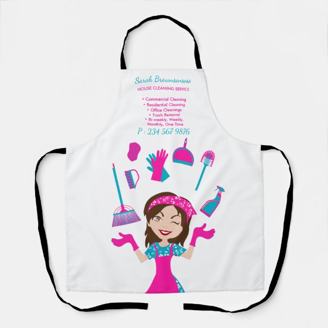 Handdrawn Pink Cartoon House Cleaning Service Apron (Front)