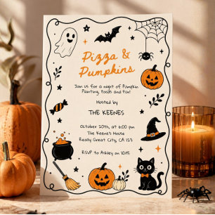 Handdrawn Pizza & Pumpkins Painting Halloween  Invitation