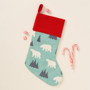 Handdrawn Polar Bears Evergreen Trees in the Snow Christmas Stocking