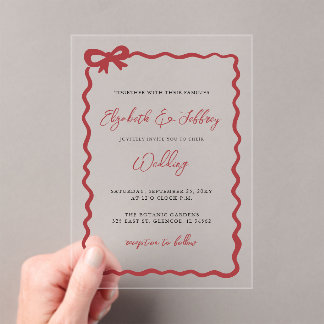 Handdrawn Red Bow Coquette Modern Chic Wedding Acrylic Invitations