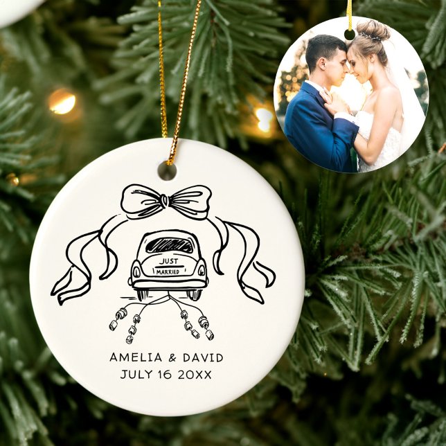 Handdrawn Retro Wedding Car Just Married Photo Ceramic Ornament (Creator Uploaded)