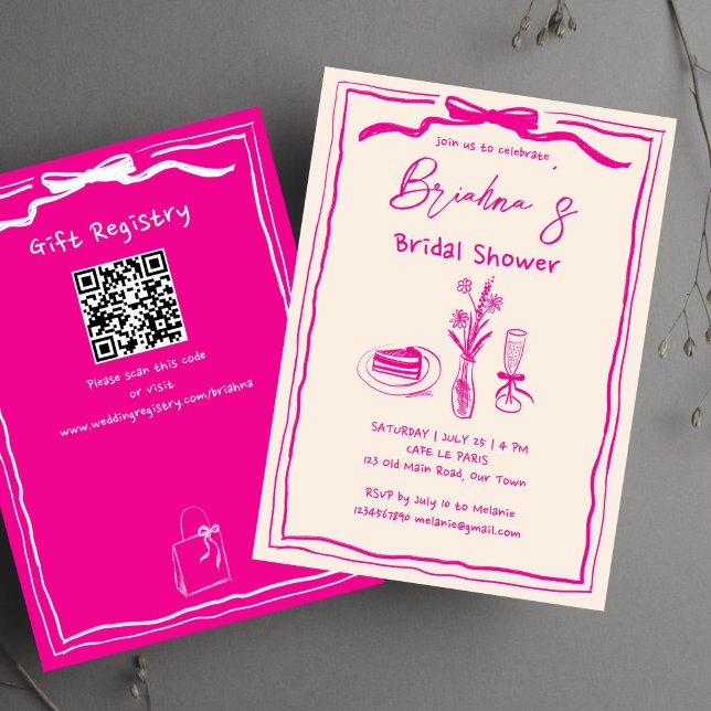 Handdrawn scribble retro pink ribbon bridal shower invitation (Handdrawn scribble retro pink ribbon bridal shower invitation template with qr registry digital)