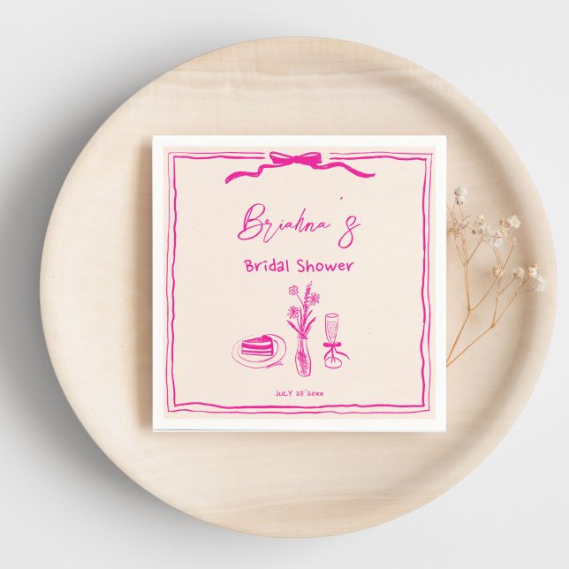 Handdrawn scribble retro pink ribbon bridal shower napkins (Handdrawn scribble retro pink ribbon bridal shower template napkins personalized tableware decor)