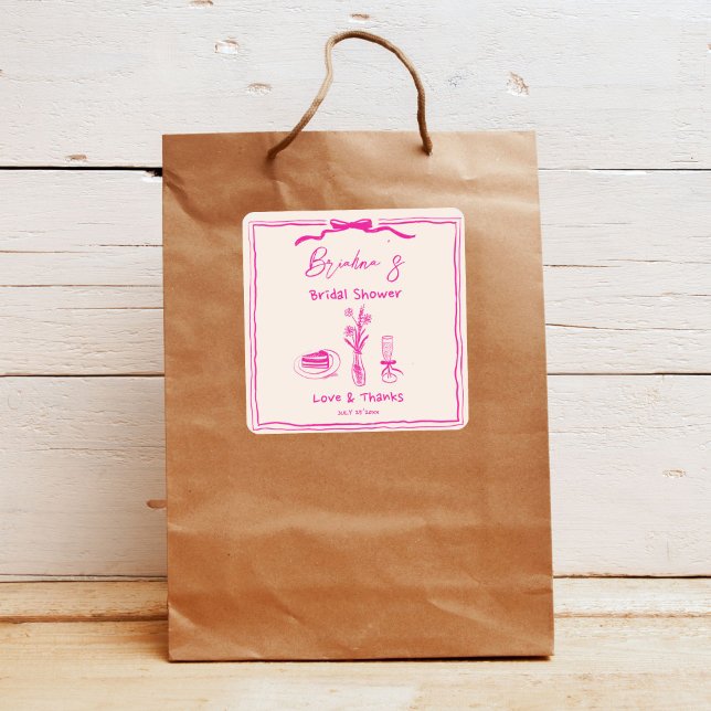 Handdrawn scribble retro pink ribbon bridal shower square sticker (Handdrawn scribble retro pink ribbon minimalist bridal shower thank you favor sticker)