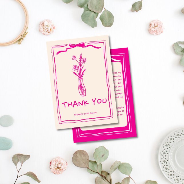 Handdrawn scribble retro pink ribbon bridal shower thank you card (Handdrawn scribble retro pink ribbon bridal shower thank you card handwriting font girl thank you )