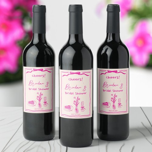 Handdrawn scribble retro pink ribbon bridal shower wine label