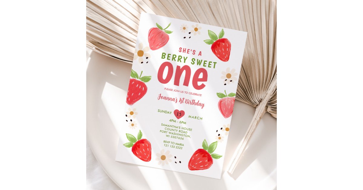 Handdrawn Strawberry Sweet One Berry 1st Birthday Invitation | Zazzle