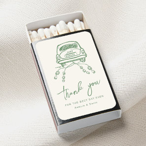 Handdrawn Trendy Wedding Car Retro Whimsical Sage Matchboxes