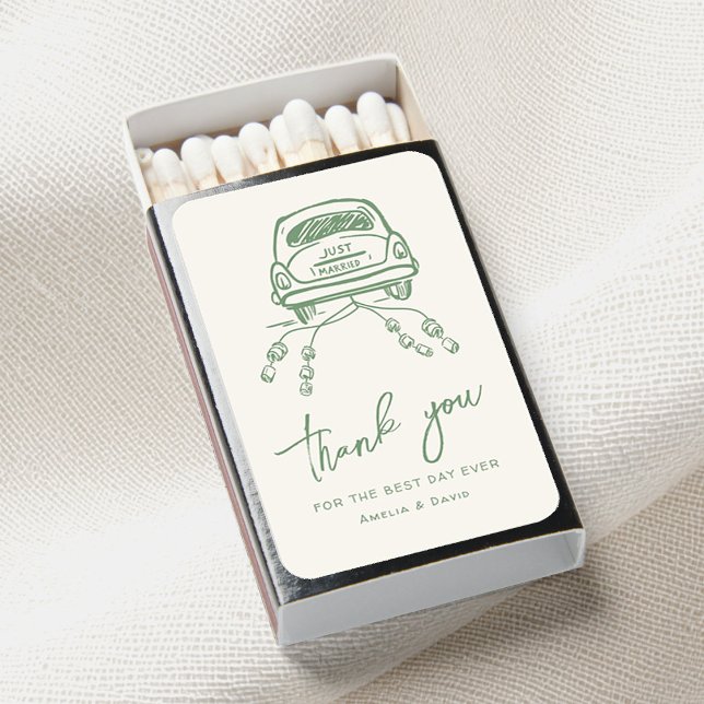 Handdrawn Trendy Wedding Car Retro Whimsical Sage Matchboxes (Creator Uploaded)