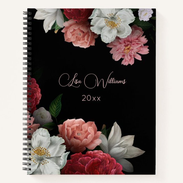 Handdrawn Vintage Roses Black Background Notebook (Front)