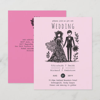 Handdrawn Wedding Cartoon Bride Groom Pink