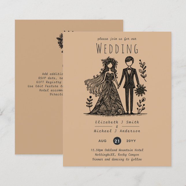 Handdrawn Wedding Cartoon Bride Groom Teracotta (Front/Back)