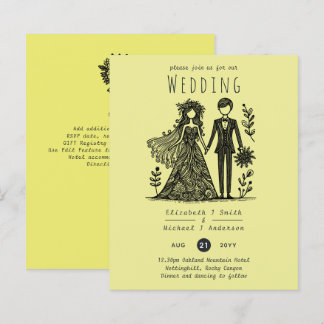 Handdrawn Wedding Cartoon Bride Groom Yellow