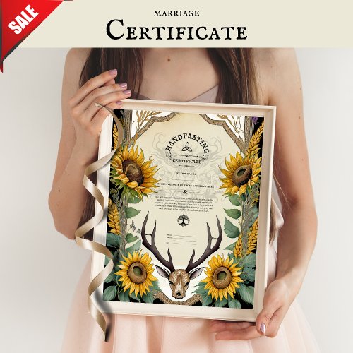 HANDFASTING CERTIFICATE  STAG ANTLERS PAGAN FLORAL POSTER