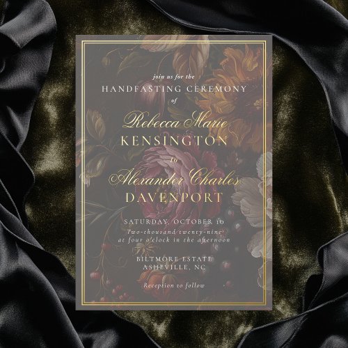 Handfasting Dark Moody Floral Calligraphy Wedding Foil Invitation