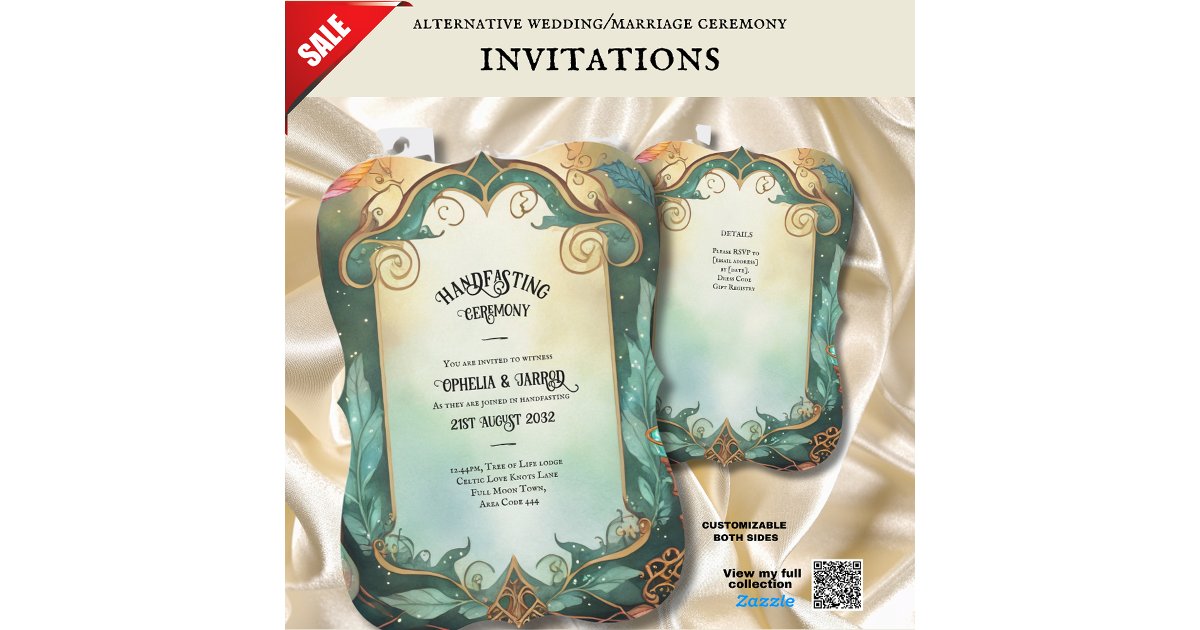 HANDFASTING INVITATIONS GREEN GOLD ETHEREAL | Zazzle