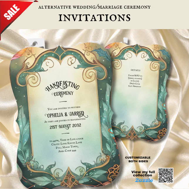 HANDFASTING INVITATIONS GREEN GOLD ETHEREAL | Zazzle