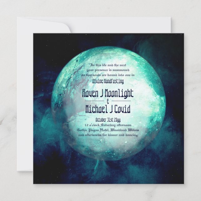 Handfasting Invite Pagan Wiccan Teal Moon Gothic (Front)