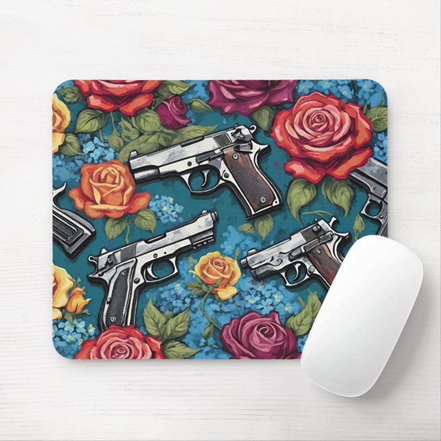 Handguns and Roses Floral Teal Mouse Pad (With Mouse)