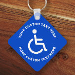 Handicapped disabled symbol text blue white keychain<br><div class="desc">Square handicapped keychain with white disabled symbol on a blue background and white,  circular text.</div>