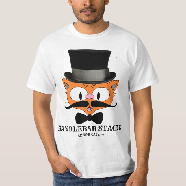 HANDLEBAR STACHE Humorous Cartoon Mustache Cat T-Shirt (Front)