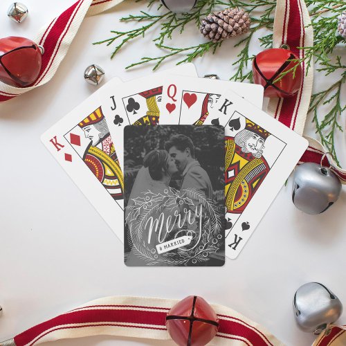 Handlettered Merry and Married Holiday Photo Playing Cards