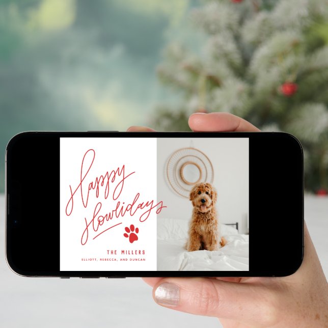 Handlettered Red Happy Howlidays Paw Dog Photo Holiday Card (Front Digital)