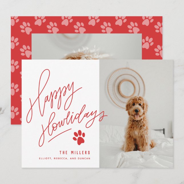 Handlettered Red Happy Howlidays Paw Dog Photo Holiday Card (Front/Back)