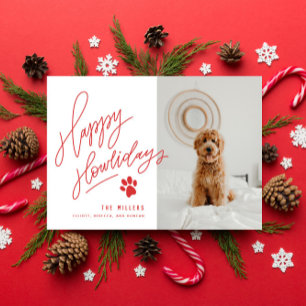 Handlettered Red Happy Howlidays Paw Dog Photo Holiday Card