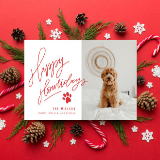 Handlettered Red Happy Howlidays Paw Dog Photo Holiday Card