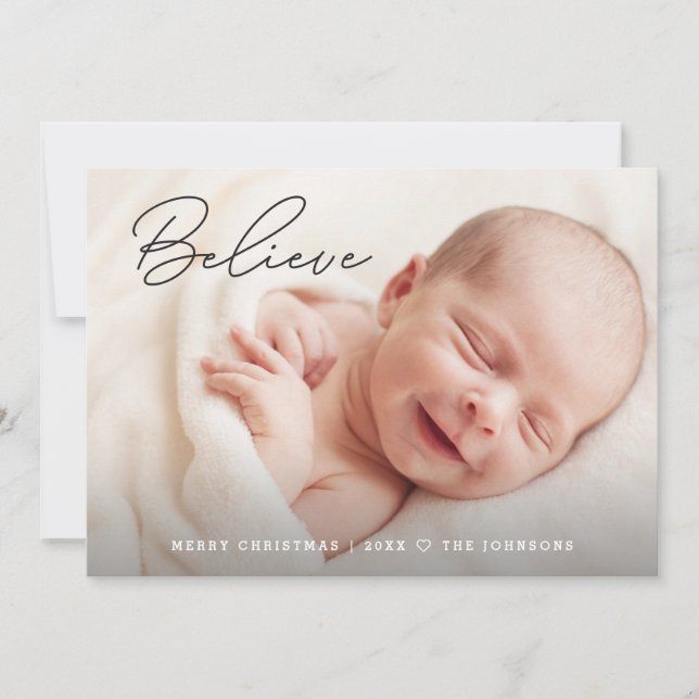 Handlettering Believe Baby Christmas Custom Photo Holiday Card (Front)