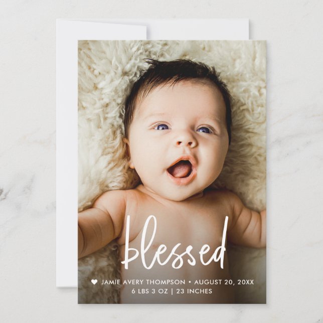 Handlettering Blessed Custom Baby Photo Birth Thank You Card (Front)