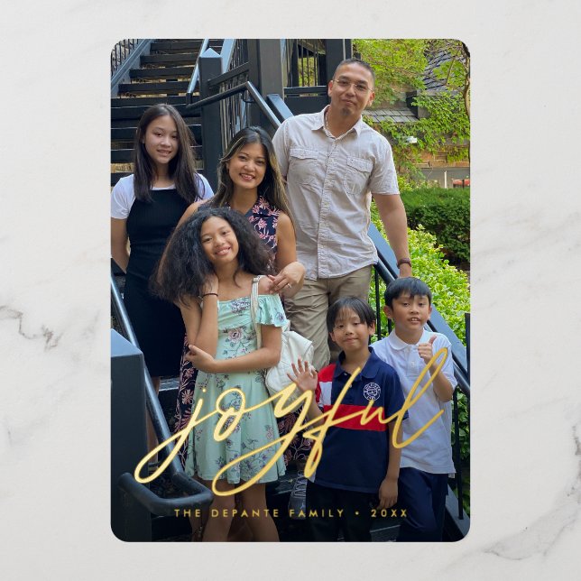 Handlettering Joyful Custom Christmas photo gold Foil Holiday Card (Front)