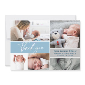 Handlettering Modern Blue Multi Photo Baby Shower Thank You Card