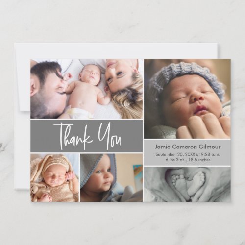 Handlettering Modern Grey Baby Shower Photos Thank You Card