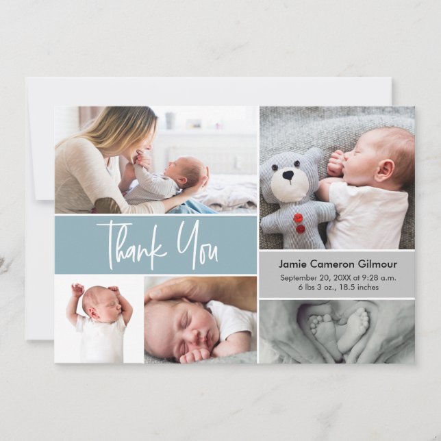  Handlettering Photo Collage Baby Shower Blue Thank You Card (Front)