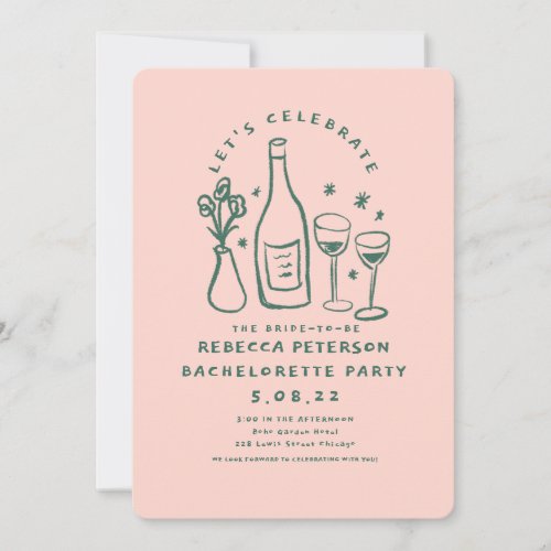 Handlettering Retro Pink Green Bachelorette party Invitation