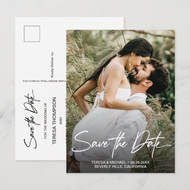 Handlettering Save the Date Custom Photo Engaged A Announcement Postcard (Front/Back)