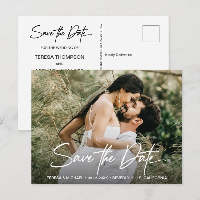 Handlettering Save the Date Custom Photo Engaged Announcement Postcard (Front/Back)