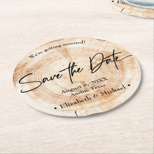 Handlettering  Save the Date Wood Rustic wedding Round Paper Coaster