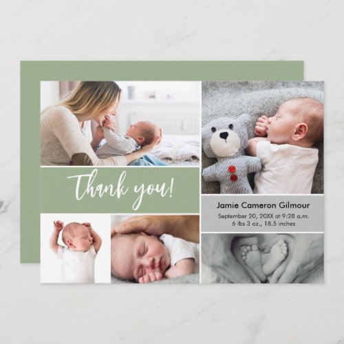 Handlettering Script multi Photo Baby Shower Green Thank You Card