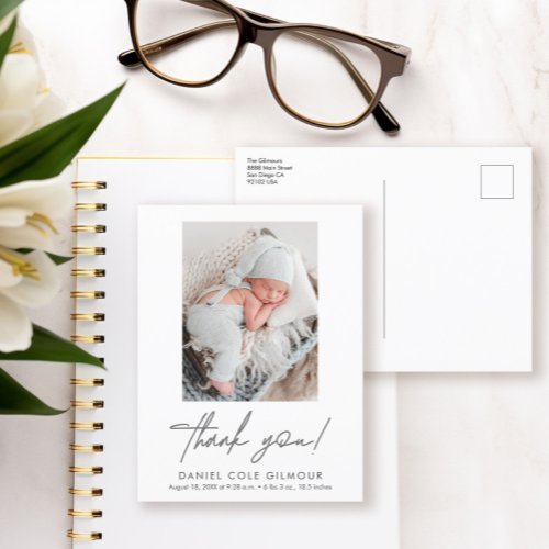 Handlettering Script Thank you Baby Photo Birth Announcement Postcard