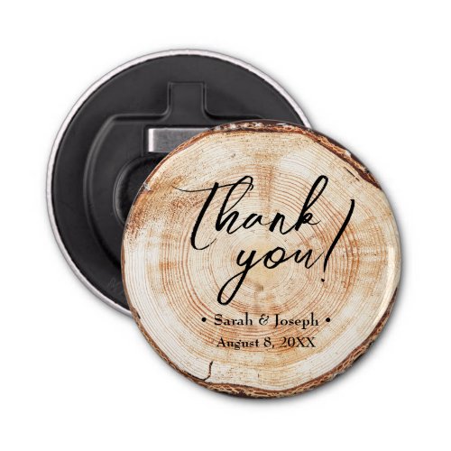 Handlettering script tree wood slice wedding favor bottle opener