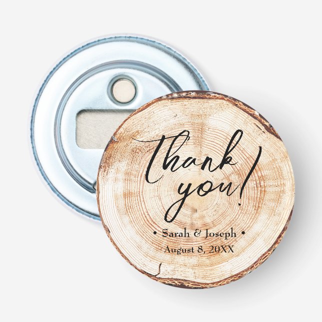 Handlettering script tree wood slice wedding favor bottle opener (Front)
