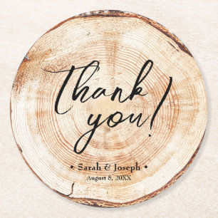 Handlettering script tree wood slice wedding favor round paper coaster