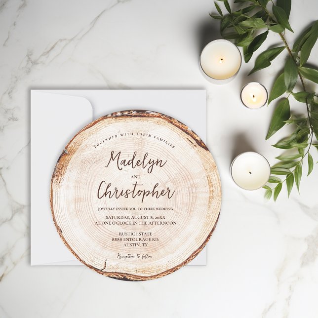 Handlettering Script Wood Slice Rustic Wedding  Invitation (Unique Wood cut slice rustic wedding invitation with script names.)