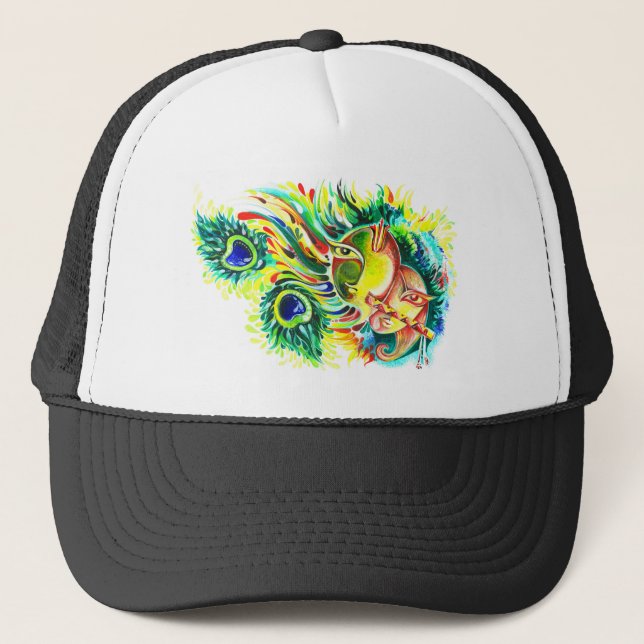 Handmade Abstract Painting of Lord Krishna and God Trucker Hat (Front)