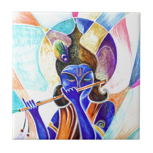 Handmade Abstract Painting of Lord Krishna with fl Tile